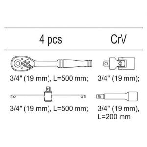 Vložka do zásuvky - sada ráčen a nástavců, 3/4", 4ks, pouzdro s nářadím pro uložení do šuplíku dílenského vozíku