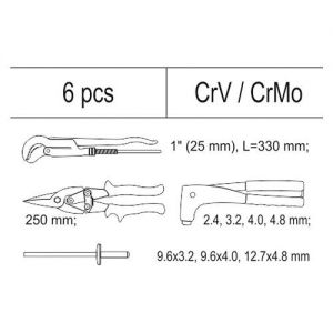 Vložka do zásuvky - kleště nýtovací, 3x sada nýtů, nůžky na plech, hasák 330mm, plastové pouzdro s nářadím pro uložení do šuplíku dílenského vozíku, ruční nýtovačka