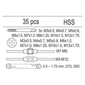Vložka do zásuvky - sada závitníků a kruhových závitových čelistí 35ks, HCS, závitníky a závitová očka v organizéru pro uložení do šuplíku dílenského vozíku