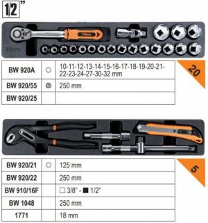 Rozkládací basa s nářadím, vybavená basička nářadím BETA WORKER, 91 kusů nářadí 1/2", plechová údržbářská basa  BW2120L-E/T91