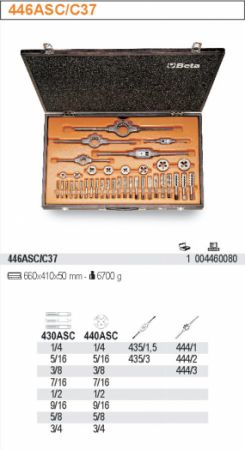 Sada závitníků a závitových oček UNC 1/4-3/4"BETA 446ASC/C37, 37 kusů v rozsahu 1/4-3/4" s příslušenstvím, závit UNC