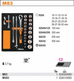 sada gola 1/2" Beta do dílenského vozíku ,moduls s nářadím beta Gola půlcoulová  v pěnovém pořadači BETA 2450/ M83 vybavený značkovými profi nářadím 1/2" gola sada