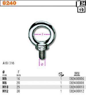 závěsné nerezové oko se šroubem M10 AISI316 8240/10/S