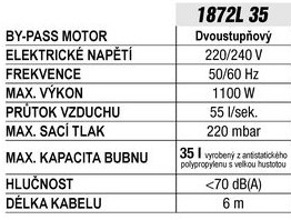 průmyslový Vysavač pro suché i mokré vysávání 35l 1100W certifikovaná třída L Beta 1872L/35 vysavač dílenský Max. tlak sání: 220 mbar