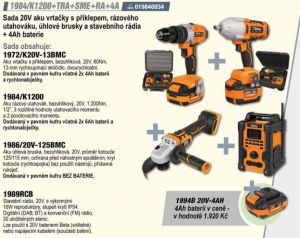 Sada 20V aku vrtačky s příklepem rázového utahováku, úhlové brusky a rádia Beta +ZDARMA 4Ah baterie  1984/K1200+TRA+SME+RA+4A, profesionální aku nářadí BetaTools 